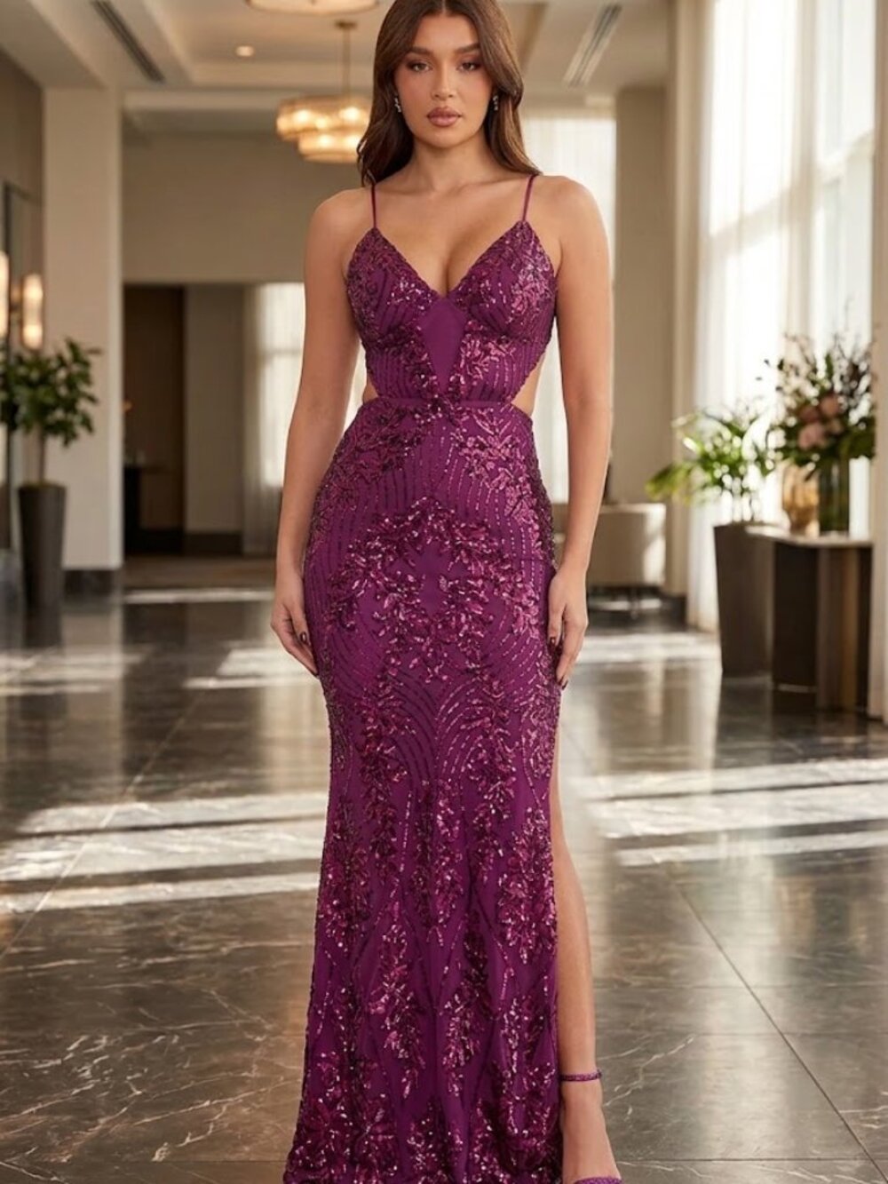 NovaLuxe Only You Sequin Maxi Gown - Plum Purple Gown, Size M